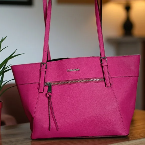 Calvin Klein Ash Tote Bag Faux Saffiano Leather Hot Pink Tote Bag Purse - Picture 1 of 4